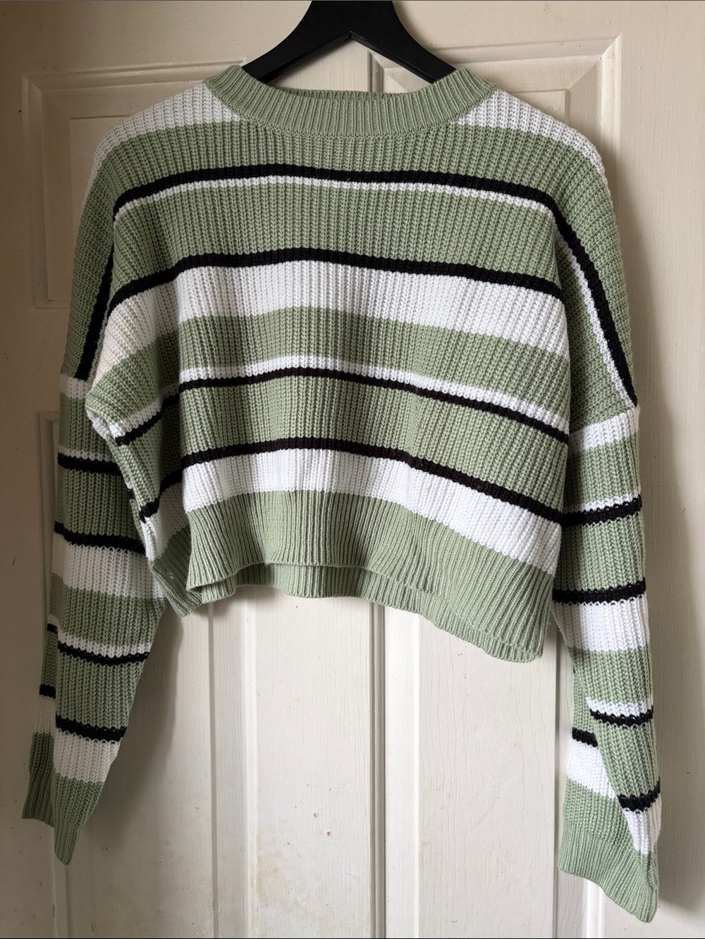 Princess Polly Sage Green, White & Black Cropped Crew Sweater